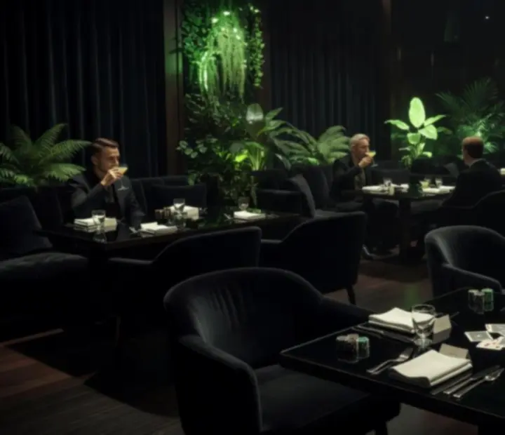 Večerní interiér restaurace s blackjackovým stolem a hosty