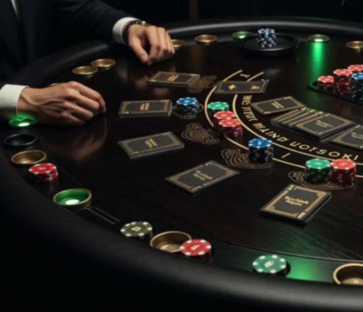 Detail blackjackového stolu s barevnými žetony v tmavém prostředí