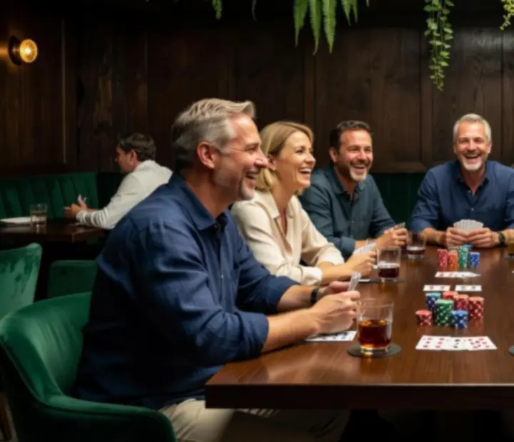 Herní momenty u pokerového stolu s hosty, kteří se baví a smějí
