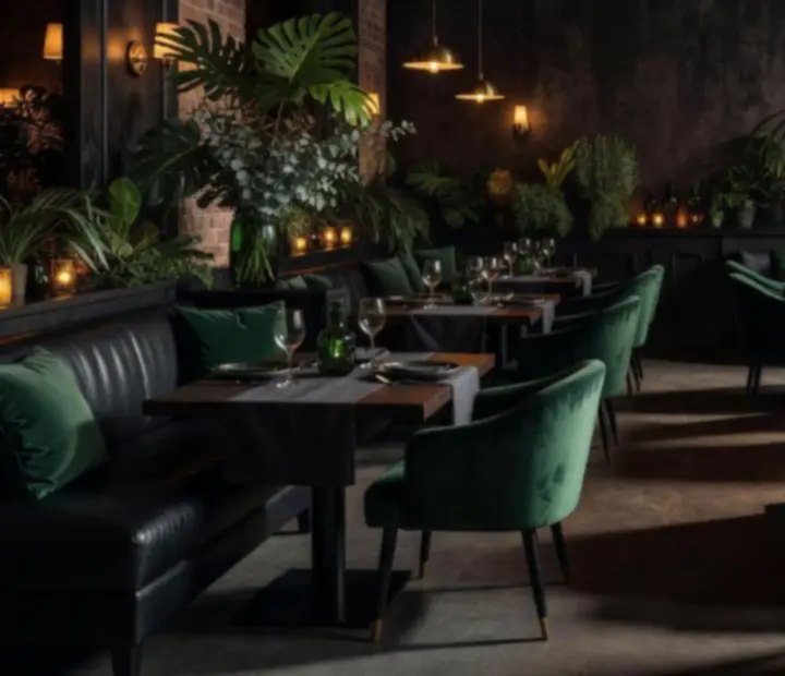 Interiér restaurace Prazesta s tmavým přírodním designem a zelenými detaily
