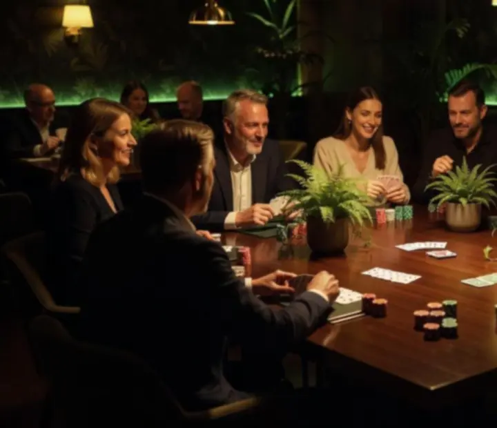 Atmosféra večerní restaurace s pokerovým stolem a zeleným podsvícením