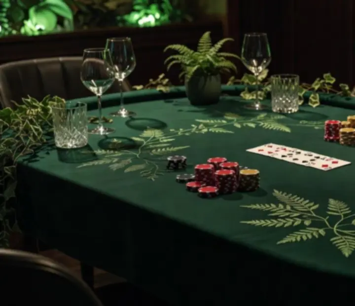Detail pokerového stolu s tmavě zeleným plátnem a žetony