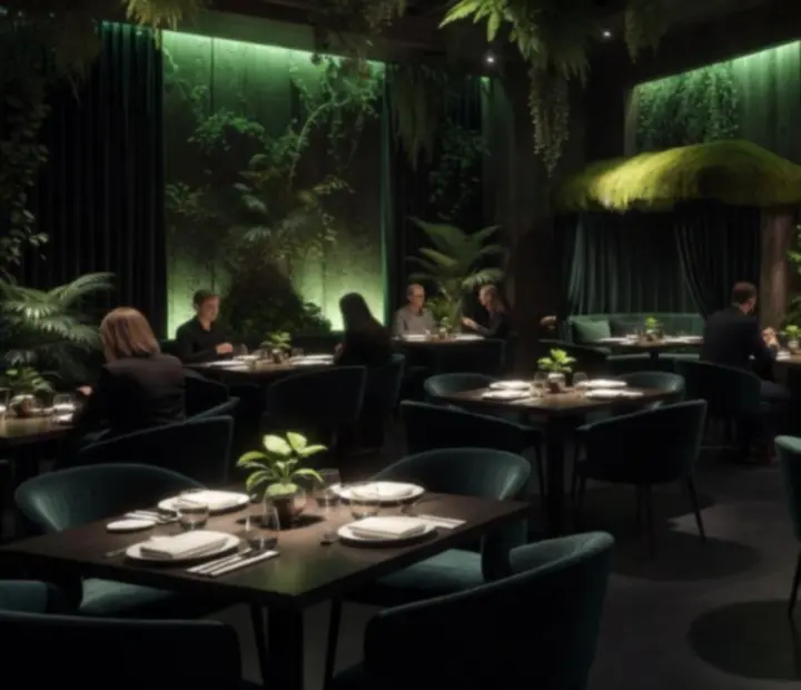 Večerní interiér restaurace Prazesta s tmavou atmosférou a zelenými akcenty