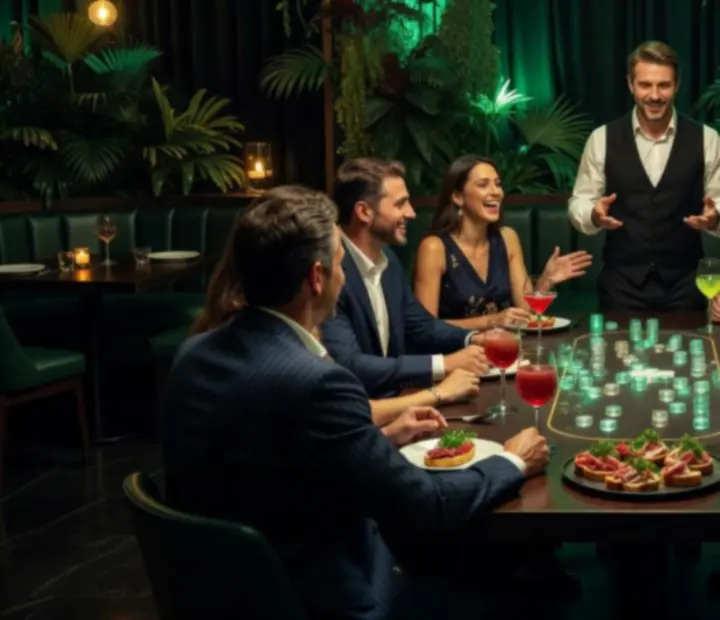 Ukázka večerní události v restauraci Prazesta s nasvícenými stoly a hosty u herních aktivit.