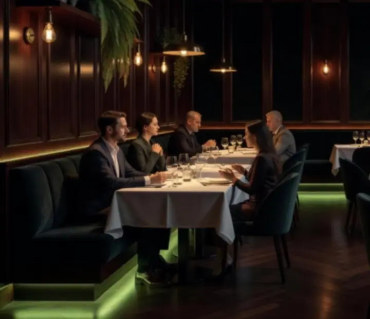 Večerní interiér restaurace Prazesta s tmavým dřevem, zeleným světlem a hosty u stolů